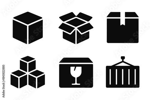Shipping and packaging icons: fragile box and container silhouettes