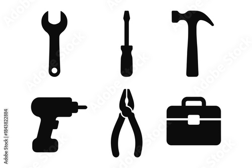Silhouette tool icons: wrench, screwdriver, hammer, drill, pliers, toolbox