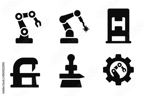 Industrial automation icons set featuring robotic arm and machinery tools