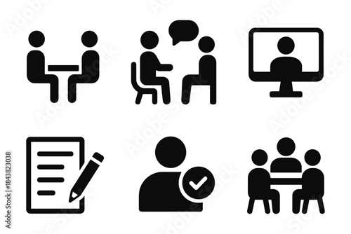 Silhouette icons of business meetings, interviews, and online communication