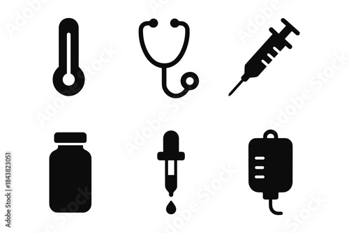 Medical equipment silhouettes: thermometer, stethoscope, syringe, medicine bottle, dropper, and iv bag icons