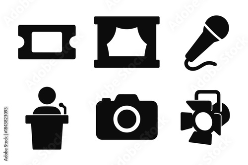Theater and entertainment icons: silhouette set of ticket, stage, microphone, podium, camera, spotlight