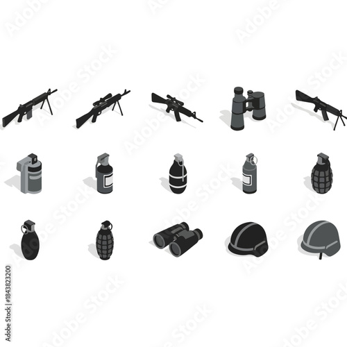 Assorted firearms grenades and military equipment collection.