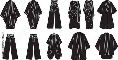 Traditional Asian Historical Clothing Silhouette Collection of Ancient Japanese and Chinese Costumes Vector Set