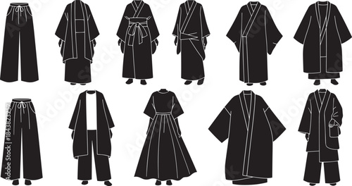 Traditional Asian Historical Clothing Silhouette Collection of Ancient Japanese and Chinese Costumes Vector Set