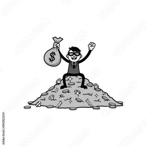 Cartoon Businessman Standing On Pile Of Money.