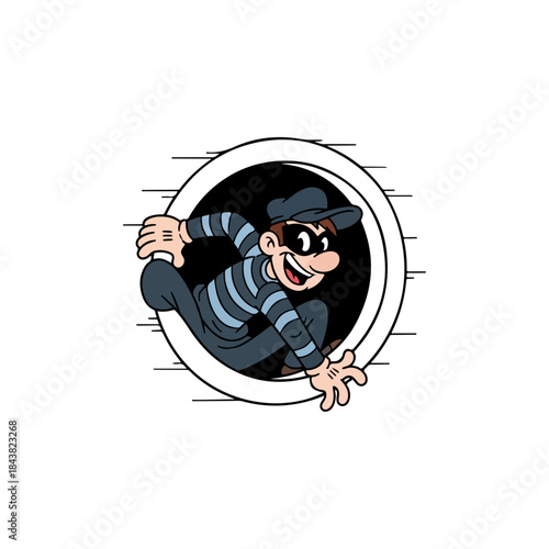Cartoon Burglar Climbing Through Round Window.