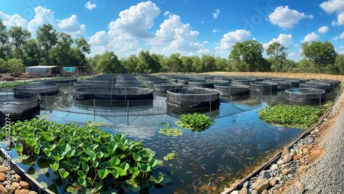 Fish farm with numerous circular enclosures