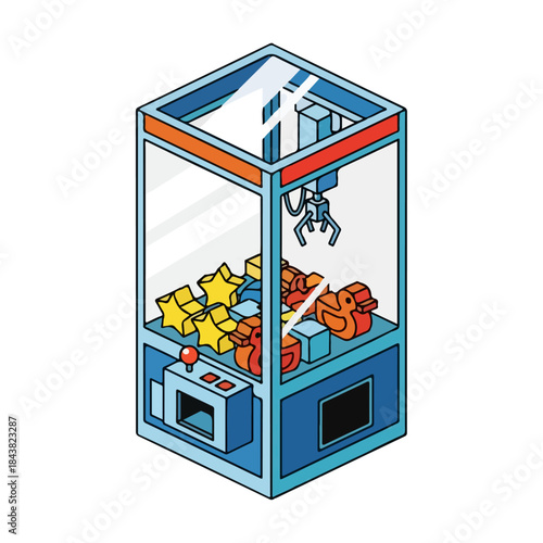 Claw machine arcade game with colorful prizes.