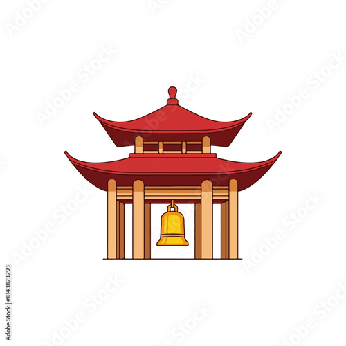 Colorful Red Temple Gate with Hanging Bell.