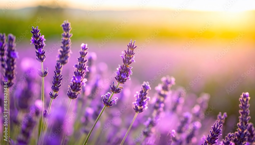Fototapeta premium A serene field of lavender flowers basking in the golden hour sunlight's embrace