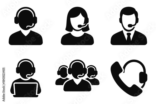 Silhouette collection of customer service icons featuring headsets and call centers