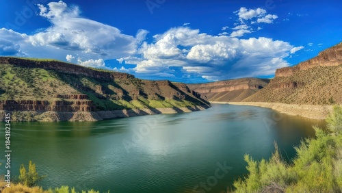 Panoramic view of a serene reservoir nestled within a canyon