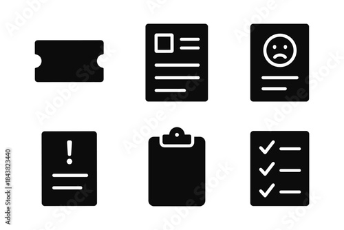 Minimalist silhouette icons set: tickets, documents, clipboards, checklists