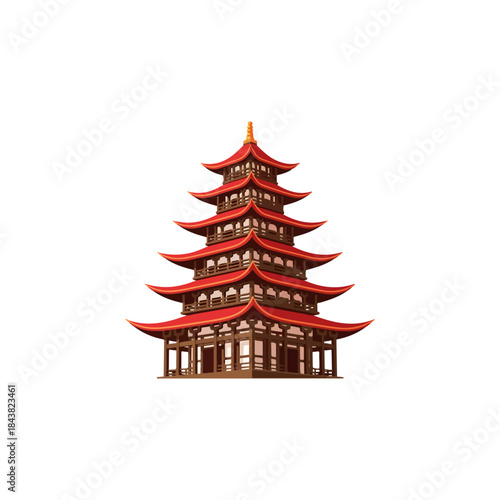 Red Pagoda Tower Structure With Multiple Eaves.