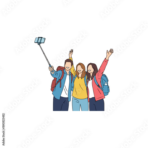 Three friends taking a selfie with a selfie stick.
