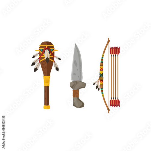Triptych of ancient weapons including dagger bow and staff.