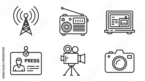 Media Icons Set Including Radio Tower, Press Badge, Camera and and Laptop