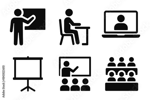 Education and training icons: online, classroom, presentation, and seminar elements in monochrome style