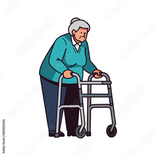 Elderly Woman Using a Walker for Support and Mobility Assistance.