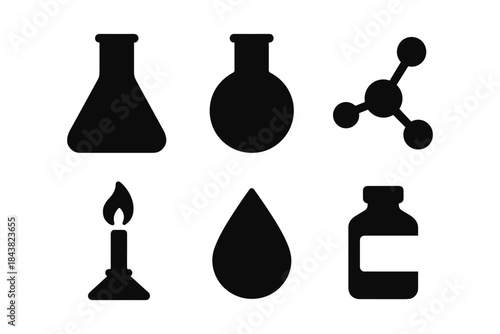 Simple science icons set featuring glassware and molecular structures in black silhouette style