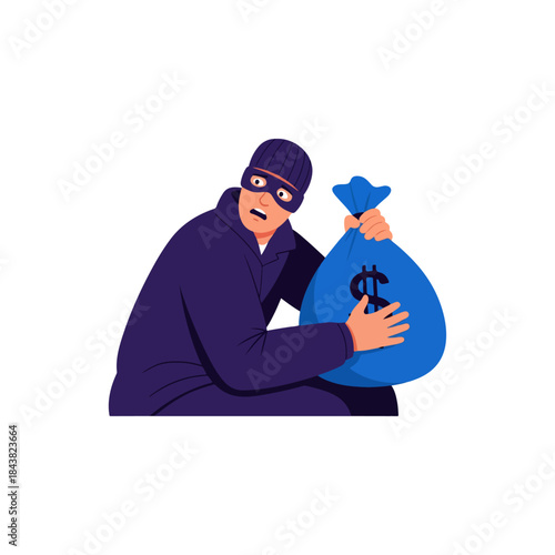 Masked thief with money bag illustration.