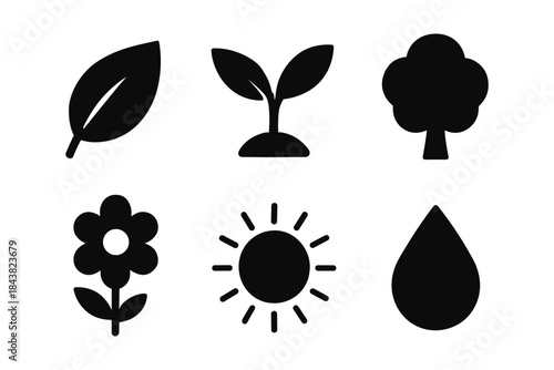 Nature icons set: leaf, plant, tree, flower, sun, water drop in silhouette style