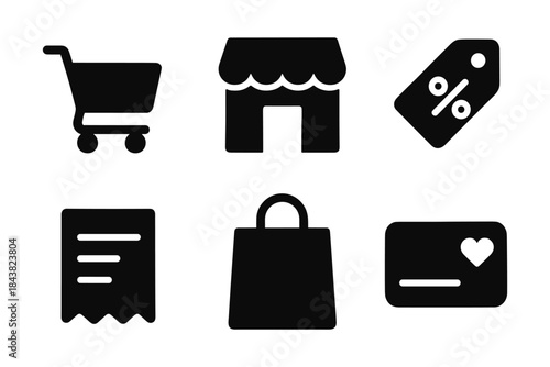 Essential shopping icons: cart, storefront, discount tag, receipt, bag, loyalty card