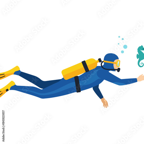 Diving scuba diver in blue wetsuit with yellow tank.