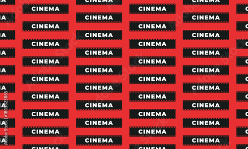Seamless cinema pattern with film reel on red background, movie industry concept, classic film and entertainment wrapping paper design