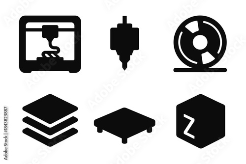 3d printing elements: printer, nozzle, filament, layers, bed, hexagon icon set