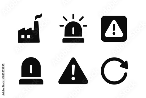 Emergency and alert icons set with factory, siren, and warning symbols