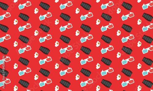 Seamless cinema pattern with film reel, 3D glasses and popcorn on red background, movie night and entertainment design