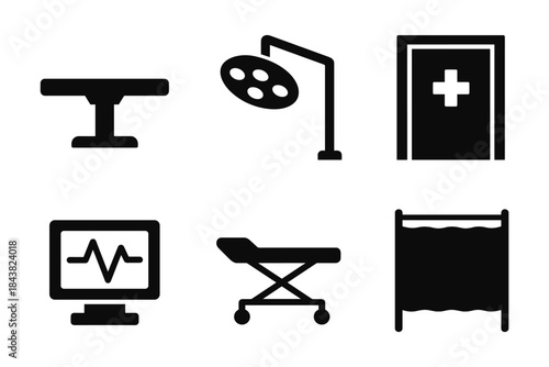 Silhouette icons of medical equipment: surgery table, lighting, and emergency door