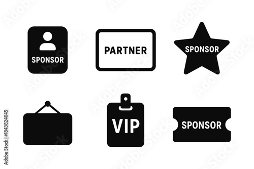 Sponsor and vip badge icons in black silhouette style for business and events