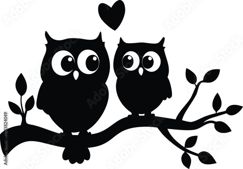 Cute Black Silhouette of Two Owls Perched on a Tree Branch with a Small Heart