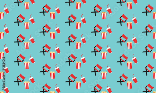 Seamless cinema pattern with popcorn, soda drink and director chair on blue background, movie night and film industry design