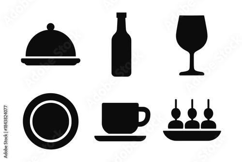 Essential kitchenware icons in bold silhouette style