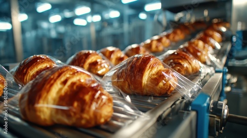 Golden, freshly baked croissants glide down a production line, encapsulating the artistry and efficiency of modern baking in a bright, industrial bakery environment.
