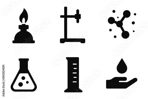 Science icons: bunsen burner, beaker, molecule, test tube, hand, and tripod