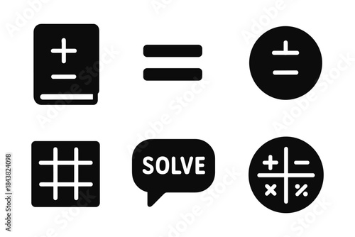 Black math icons set: book, equations, graphs, and solution bubble for learning and education