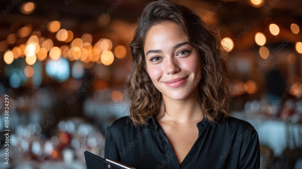 Obraz premium A smiling restaurant manager holds a clipboard and welcomes guests warmly, embodying hospitality and professionalism in a beautiful dining setting with vibrant ambiance.
