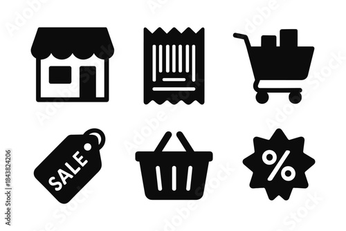 Shopping icons set: storefront, barcode, cart, sale tag, basket, discount symbol