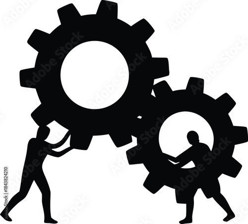 Dedicated team members working together to push large gears symbolizing collaborative effort