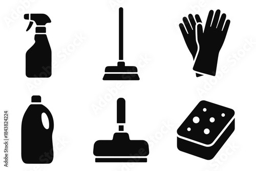 Essential cleaning tools in simple black silhouette design