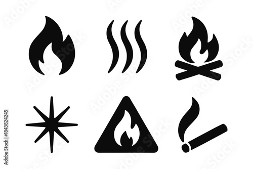 Essential fire icons set: flame, heat, campfire, smoke, spark, warning