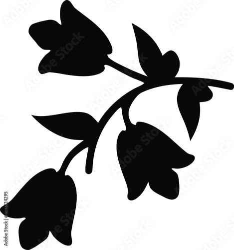 Delicate Floral Branch with Three Bell Shaped Blossoms and Elegant Leaves on Stem