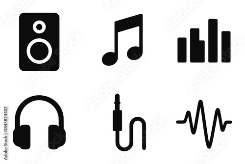 Music icons set: minimalistic black audio symbols for digital design