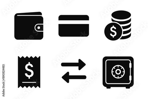 Financial tools icons: wallet, card, coins, receipt, transfer, safe