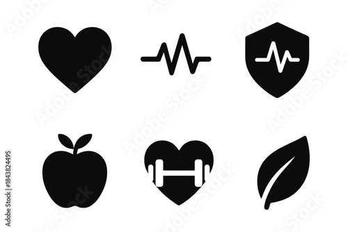 Health and fitness icons: heartbeat, shield, apple, heart, leaf in minimalist silhouettes
